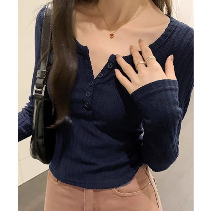 SUNSHINE CLOSET ハーフボタンニット長袖フロントボタンニットトップスレディース韓国風 Uネック無地Tシャツ 春服秋服インナー大人カジュアル トップス shoplistselect-10546048 SHOPLIST サンプル画像2