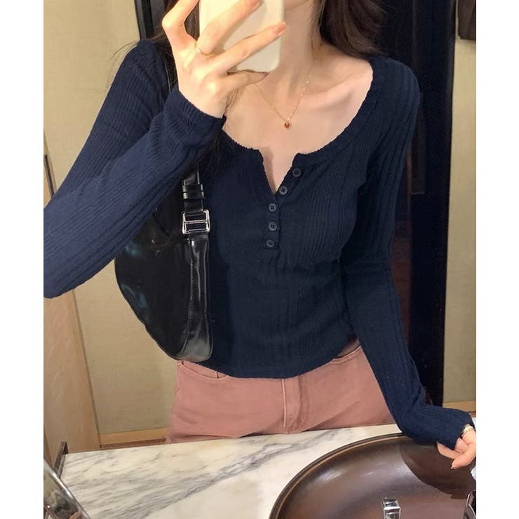 SUNSHINE CLOSET ハーフボタンニット長袖フロントボタンニットトップスレディース韓国風 Uネック無地Tシャツ 春服秋服インナー大人カジュアル トップス shoplistselect-10546048 SHOPLIST サンプル画像3