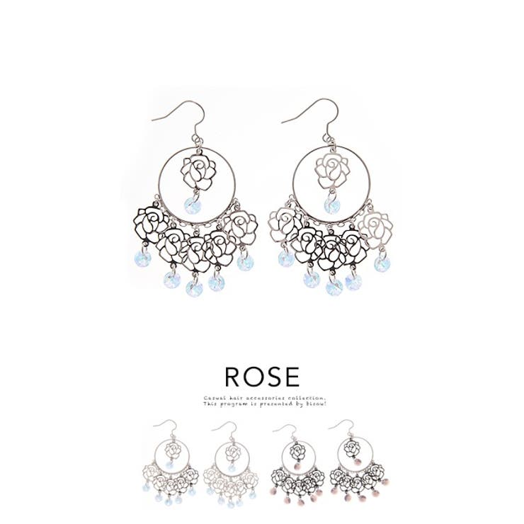 【10％OFFクーポン！11/27(木)1:59まで】SOUBIEN ピアス フックピアス フラワー バラ ローズ 薔薇 メタル カラーストーン ゴージャス 揺れる 大ぶり 上品 大人 パーティー 二次会 お呼ばれ ゴシック 耳飾り アクセサリー アク