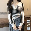【8/11まで5%OFFクーポン】Amulet ボーダーポロニット レディース 10代 20代 30代 韓国ファッション 春 秋 可愛い 女子会 カジュアル デート おしゃれ 白 黒 お出かけ 大人 トップス