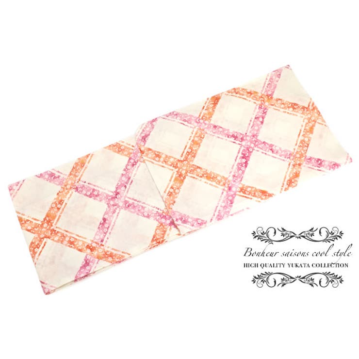 SOUBIEN レディース浴衣 花火大会 夏祭り 女性用 bonheur saisons（ボヌールセゾン） cool style 薄黄色 クリーム 赤 レッド 橙色 オレンジ 斜め格子 桜 ラメ 綿 女性浴衣【フリーサイズ】 浴衣・着物