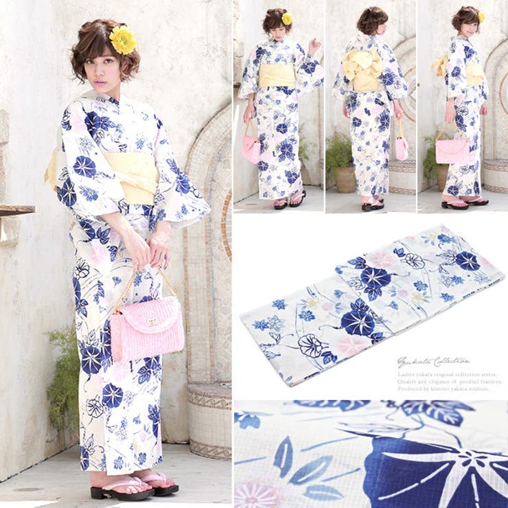 SOUBIEN 浴衣　3点セット（浴衣/兵児帯/下駄）　bonheur saisons　ボヌールセゾン　白　ホワイト　朝顔　桜　花　ラメ　綿　花火大会　夏祭り　浴衣セット　ゆかた　女性　レディース【フェミニン】【フェミニン】【大人】 浴衣・着物