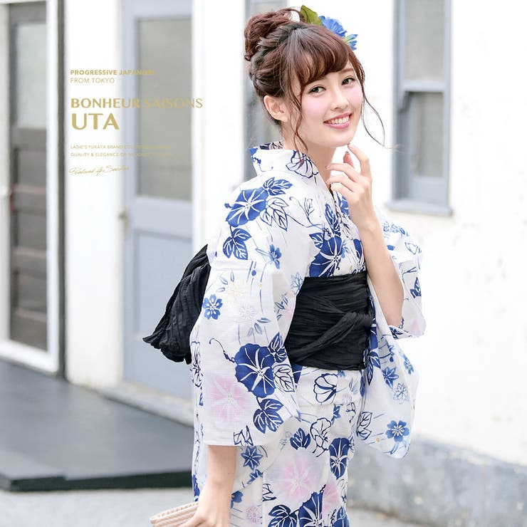 【10％OFFクーポン！3/26(木)1:59まで】SOUBIEN 浴衣 3点セット（浴衣/兵児帯/下駄） bonheur saisons ボヌールセゾン 白 ホワイト 朝顔 桜 花 ラメ 綿 花火大会 夏祭り 浴衣セット ゆかた 女性 レディース【フェ