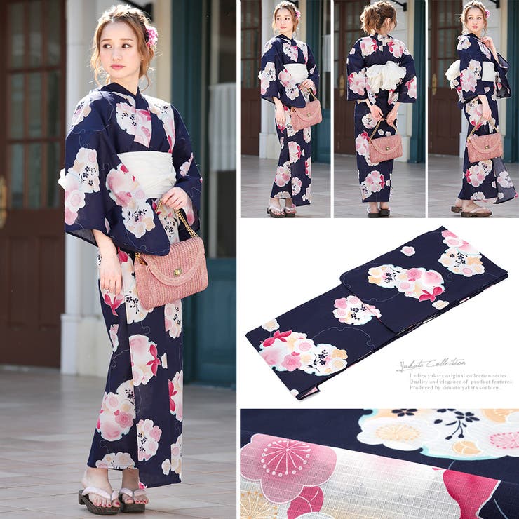 SOUBIEN 浴衣　3点セット（浴衣/兵児帯/下駄）　bonheur saisons　濃紺色　ネイビー　白　ピンク　雪輪　梅　花　金魚　綿　紅梅織　夏祭り　花火大会　浴衣セット　ゆかた　女性　レディー