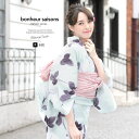 【8/11まで5%OFFクーポン】SOUBIEN 浴衣 3点セット(浴衣/兵児帯/下駄) bonheur saisons 薄緑 ライトグリーン 白 アイボリー ピンク 朝顔 縞 綿麻 夏祭り 花火大会 浴衣セット ゆかた 女性 レディース フリーサイズ【