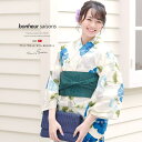 SOUBIEN 浴衣 3点セット(浴衣/半幅帯/下駄) bonheur saisons 白系 オフホワイト 青 ブルー 深緑色 花芙蓉 ラメ 綿麻 浴衣セット 女性 レディース フリーサイズ【フェミニン】【大人】 浴衣・着物