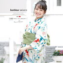 SOUBIEN 浴衣 3点セット(浴衣/兵児帯/下駄) bonheur saisons 白系 オフホワイト 青 橙色 薄緑色 草花 植物 綿 変わり織り 浴衣セット 女性 レディース フリーサイズ【フェミニン】【モダン】【大人】 浴衣・着物