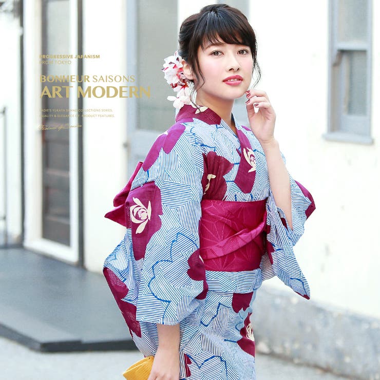 Female Yukatas - SOUBIEN 浴衣　3点セット（浴衣/半幅帯/下駄）　bonheur saisons　ボヌールセゾン　青　ブルー　赤　ピンクマゼンタ　花　縞　綿　花火大会　夏祭り　浴衣セット　ゆかた　女性　レディース