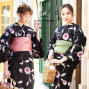 SOUBIEN 浴衣セット 3点セット(浴衣/帯/下駄) bonheur saisons ボヌールセゾン 黒 ブラック ピンク アザミ 花 細縞 綿 レディース 夏 花火大会【フェミニン】【大人】 浴衣・着物