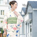 SOUBIEN 浴衣 3点セット(浴衣/兵児帯/下駄) Macle by bonheur saisons マクレ 白系 オフホワイト 青 ブルー ピンク 花芙蓉 ラメ 綿麻 手捺染 手縫い 女性用 浴衣セット ボヌールセゾン 30代 40代 ママ 大人浴
