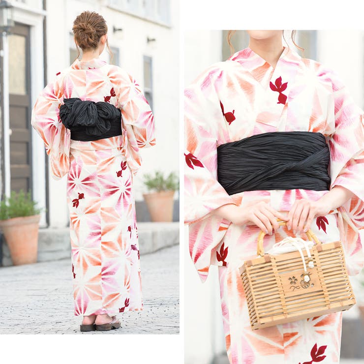 SOUBIEN 浴衣 セット レディース 浴衣セット 兵児帯 大人 2点セット（浴衣/帯） アイボリー ピンク 赤 黒 麻の葉 金魚 綿 夏 花火大会 ボヌールセゾン フリー【フェミニン】 浴衣・着物