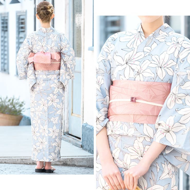 SOUBIEN 浴衣 セット レディース レトロ 作り帯 浴衣セット 大人 3点セット 灰色系...