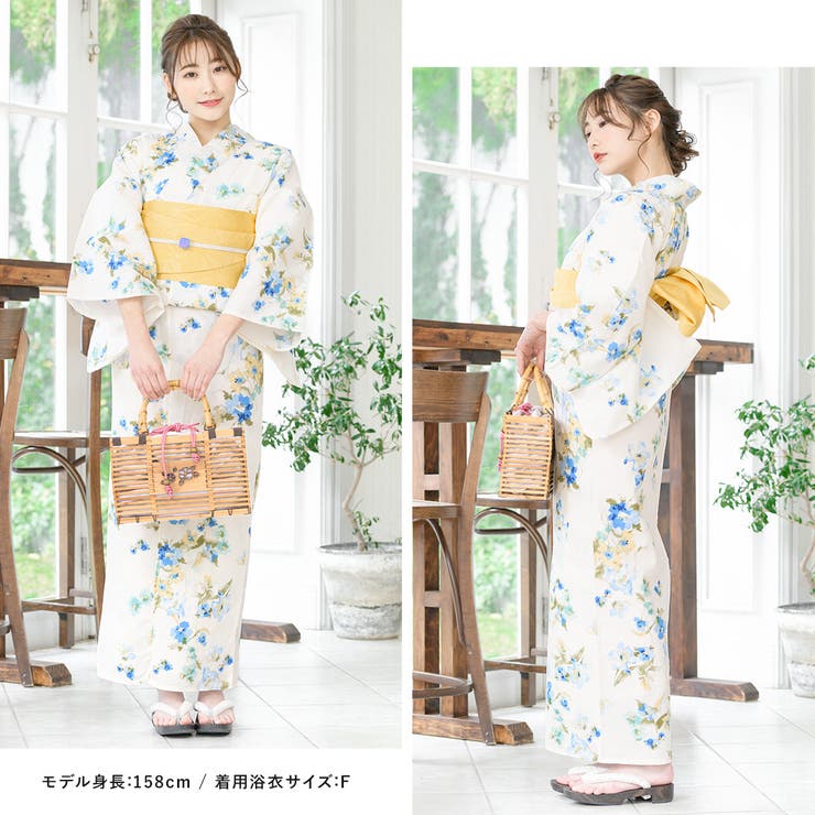 SOUBIEN 浴衣 セット レディース レトロ 作り帯 浴衣セット 大人 3点セット 白系 ...