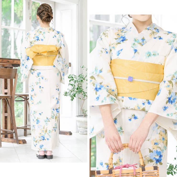 SOUBIEN 浴衣 セット レディース レトロ 作り帯 浴衣セット 大人 3点セット 白系 ...