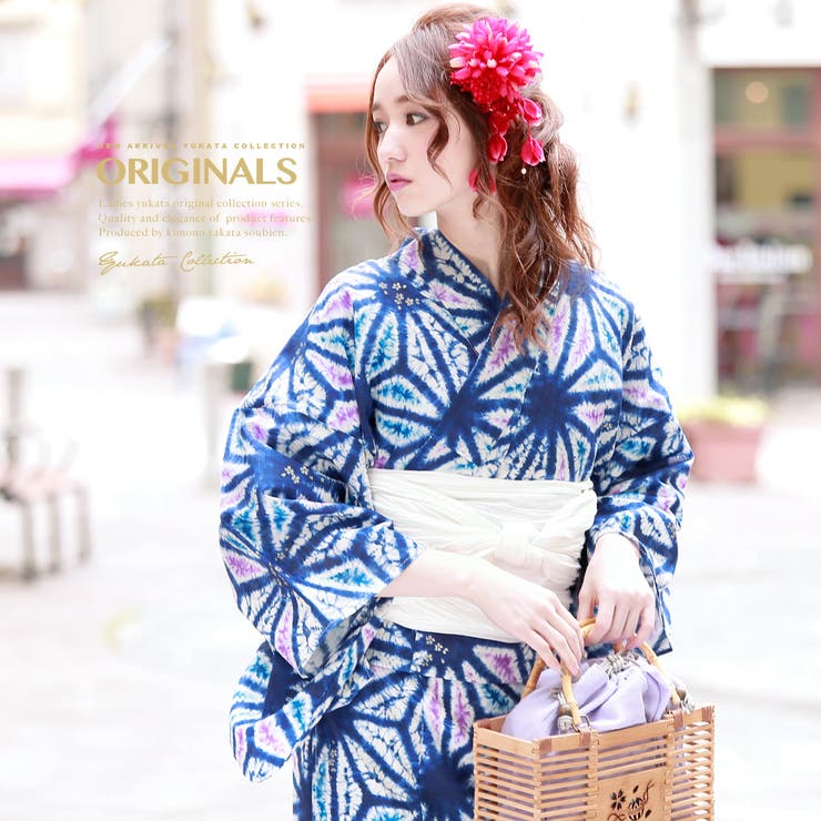 【10％OFFクーポン！12/11(木)1:59まで】SOUBIEN 浴衣 3点セット（浴衣/兵児帯/下駄） bonheur saisons 青 ブルー 紫 麻の葉 絞り調 ラメ 綿 花火大会 夏祭り 浴衣セット ゆかた 女性 レディース【レトロ】【レト