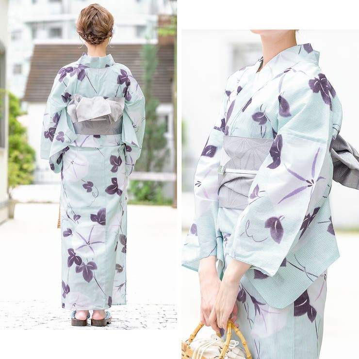 SOUBIEN 浴衣 セット レディース レトロ 作り帯 浴衣セット 大人 3点セット 薄緑 ...