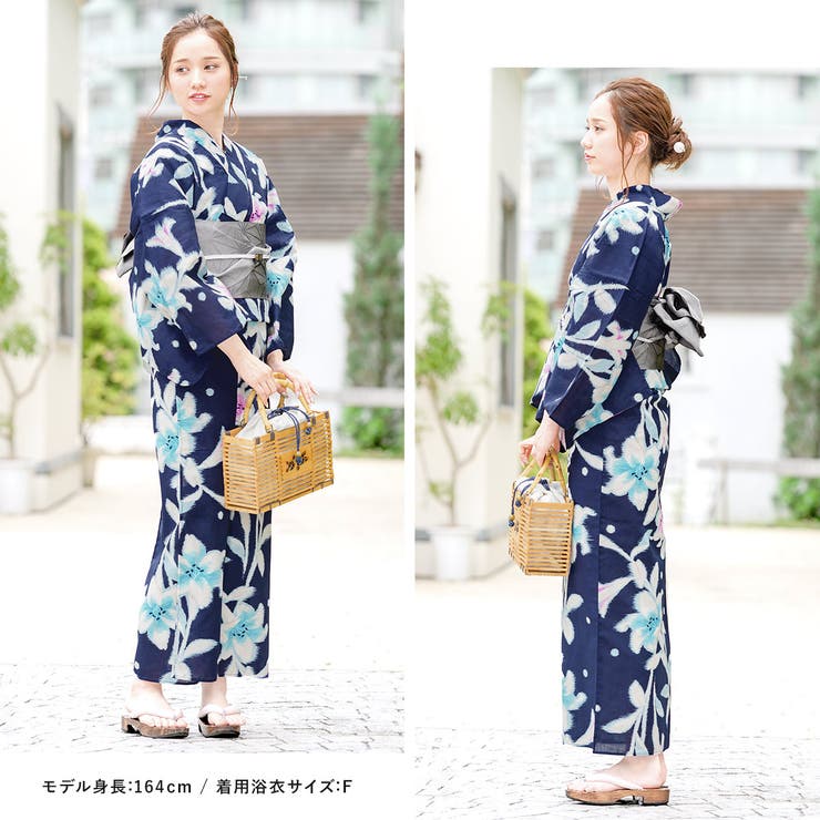 SOUBIEN 浴衣 セット レディース レトロ 作り帯 浴衣セット 大人 3点セット 紺 ネ...