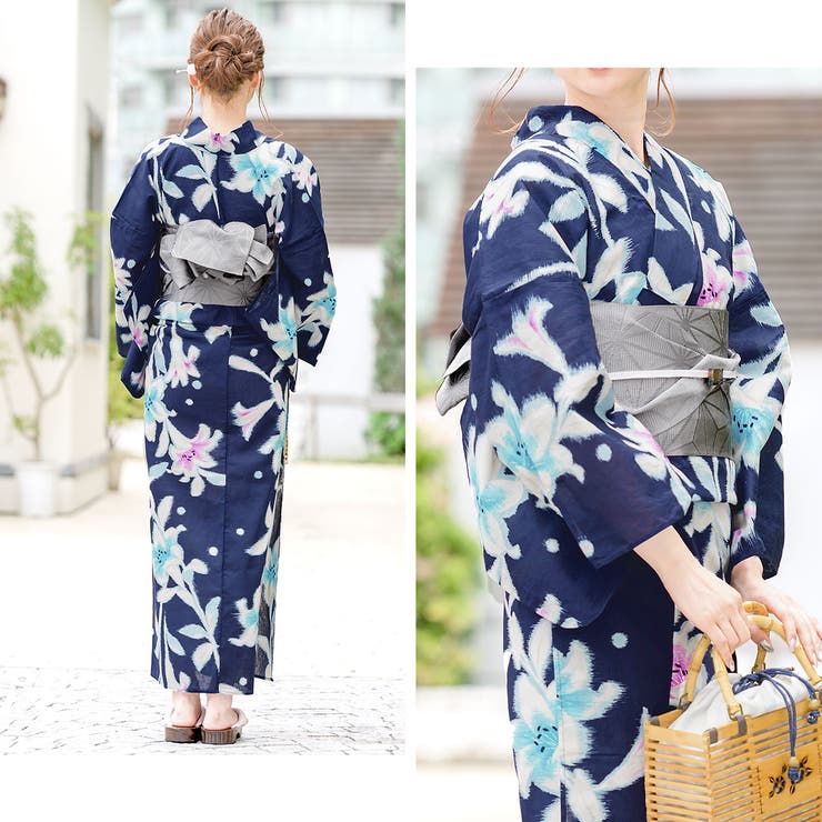 SOUBIEN 浴衣 セット レディース レトロ 作り帯 浴衣セット 大人 3点セット 紺 ネ...