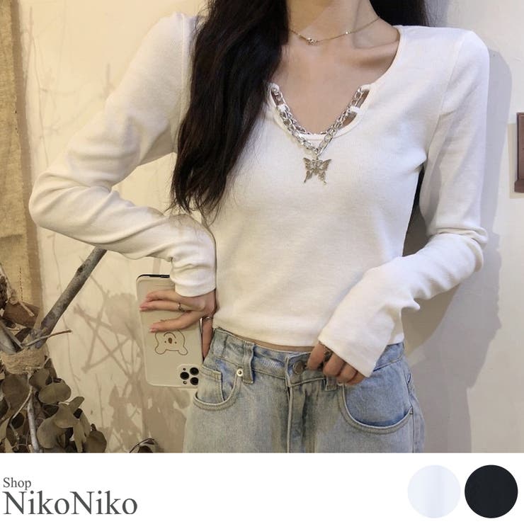 ShopNikoNiko 冬新作 バタフライチャーム付き ショート丈 ロングTシャツ ma 長袖 Tシャツ 蝶々 チャーム クロップド ミニ スリム タイト プルオーバー 韓スト Y2K レディース 韓国 プチプラ 流行り トレンド 人気 おすすめ おし