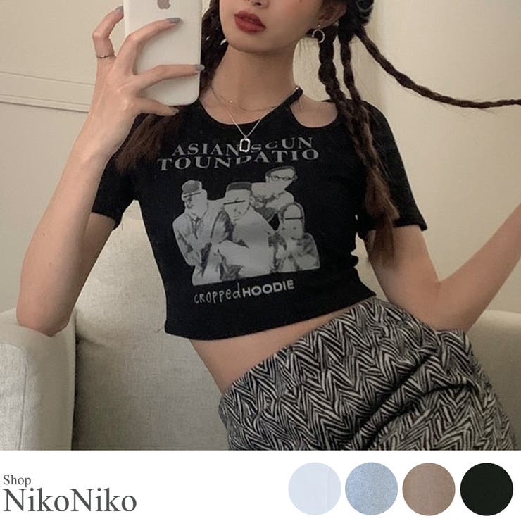 ShopNikoNiko 冬新作 ショルダーカットアウト ショート丈チビTシャツ ma Tシャツ チビT ミニ丈 クロップド丈 ワンショルダー アシメショルダー 変形デザイン ロゴプリント レディース 韓国 Y2Kファッション 韓国ストリート 流行り