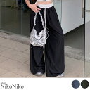 ShopNikoNiko 春新作 ウエスト配色 ドロスト ルーズワイドパンツ韓国カジュアル グランジファッション ストレートパンツ ロングパンツ ウエストゴム ワイドレッグ 太め ゆったり レディース 韓国 Y2 Kファッション 韓国ストリート 流行り