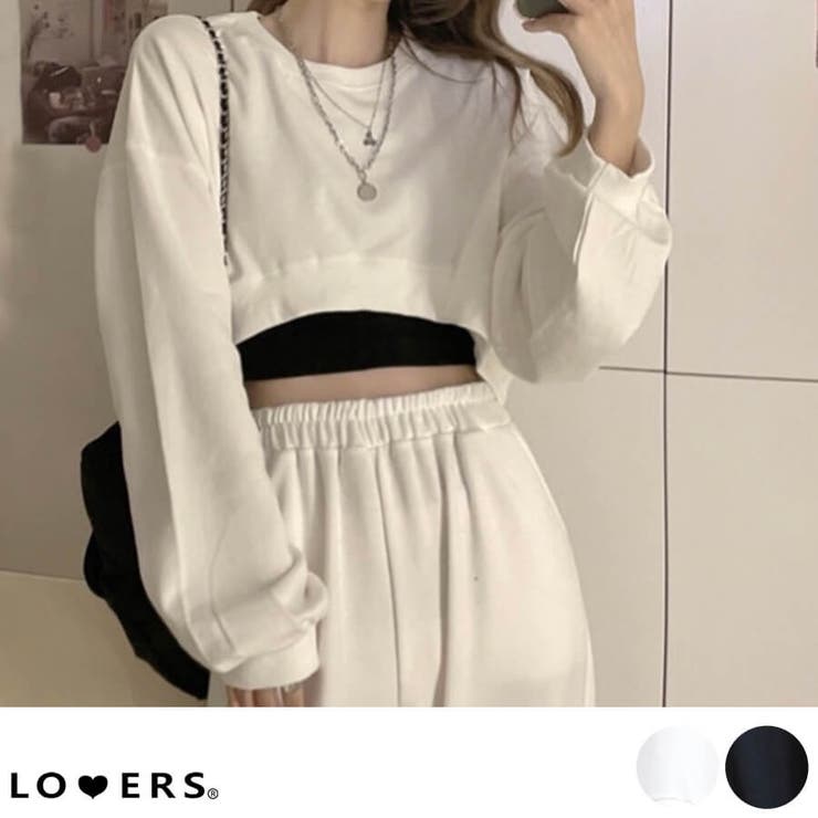 LOVERS 冬新作 ショート丈 スウェット プルオーバー ボリューム 長袖 トレーナー ロンT クロップド丈 へそ出し 韓スト モノトーン Y2K ライブ参戦 KPOP レディース 韓国 プチプラ 流行り トレンド 人気 おすすめ おしゃれ かわいい