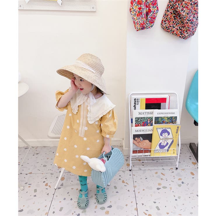 aimoha kids aimoha-KIDS- 韓国子供服　配色ビッグカラードット柄ワンピース ワンピース キッズ 女の子 綿 綿90% 半袖 水玉 ドット ビッグカラー ビッグ襟 韓国 ライク フレアワンピース 春 夏 秋 キッズワンピース ベビー 2