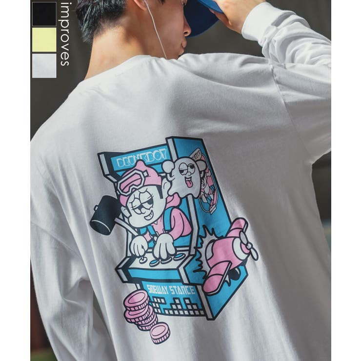 【20％OFFクーポン！12/4(木)限定！】improves 長袖Tシャツ メンズ SIDEWAY STANCE サイドウェイスタンス オリジナルプリント グラフィック ロンT レトロゲーム 筐体 オーバーサイズ スケーター ストリート トップ