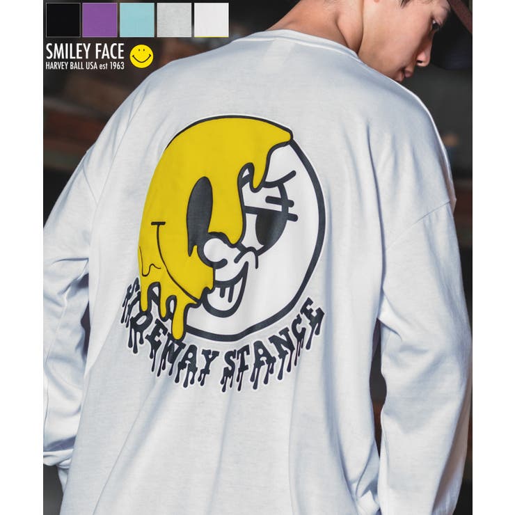 improves 長袖Tシャツ メンズ SIDEWAY STANCE サイドウェイスタンス オリジナルプリント グラフィック ロンT スマイリーフェイス にこちゃん オーバーサイズ スケーター トップス