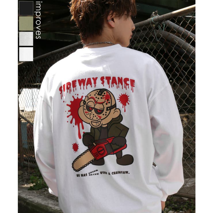 improves 長袖Tシャツ メンズ SIDEWAY STANCE サイドウェイスタンス オリジナルプリント チェンソー グラフィック ロンT 大きめ アメカジ スケーター ストリート トップス
