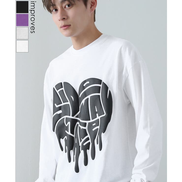 improves 長袖Tシャツ メンズ SIDEWAY STANCE サイドウェイスタンス オリジナルプリント 発泡ハート グラフィック ロンT 大きめ アメカジ スケーター ストリート トップス
