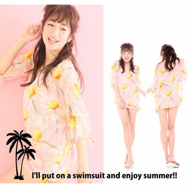 SWEET ANGEL 水着 3点セット レディース セット BIGフラワー シフォン チュニック カバー xcjq5505/ピンク 水着
