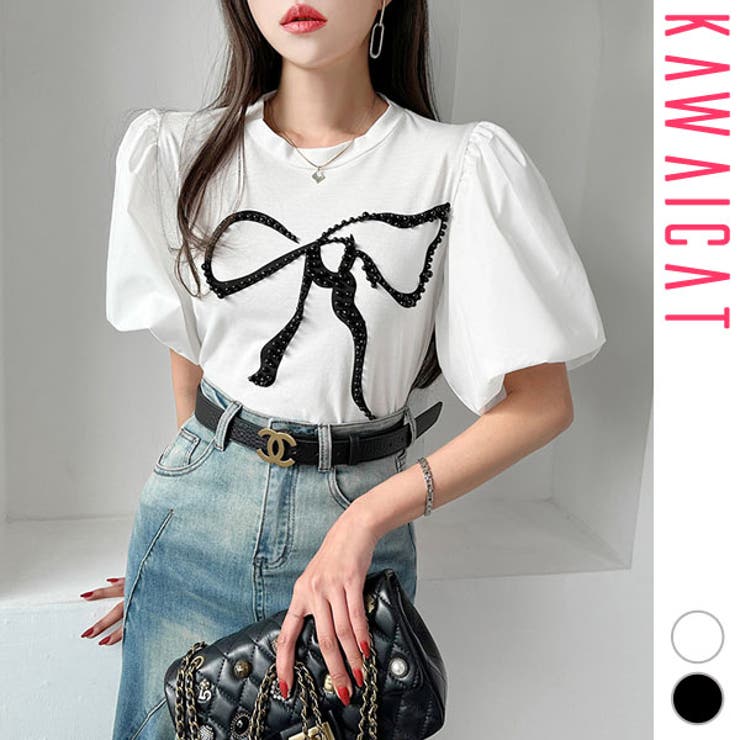 【10％OFFクーポン！11/27(木)1:59まで】KawaiCat トップス レディース クルーネック 五分袖 半袖 タイト スリム カットソー パール パブスリーブ リボン プリント カジュアル おしゃれ 春 夏 韓国服 韓国 to27310 トッ