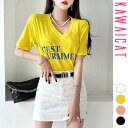 【4/27 9:59まで 10%OFFクーポン】KawaiCat Tシャツ レディース トップス 半袖 五分袖 Vネック カットソー ロゴ 英字 プリント ゆったり ロング丈 綿 コットン プルオーバー トレーナー カジュアル おしゃれ 春 夏 韓国服