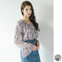 KawaiCat 【ts18087】ブラウス レディース トップス 長袖 花柄 フレア袖 ベルスリーブ シフォン 華奢 ふんわり 白 フェミニンレトロチュニック Vネック フリル 透け感 小花柄 トップス
