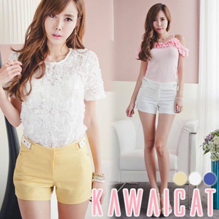 【10％OFFクーポン！11/27(木)1:59まで】KawaiCat 【C-style】【pt8703】ベーシックデザインで着回し力のあるウエストレザー配色ショートパンツ パンツ・ズボン