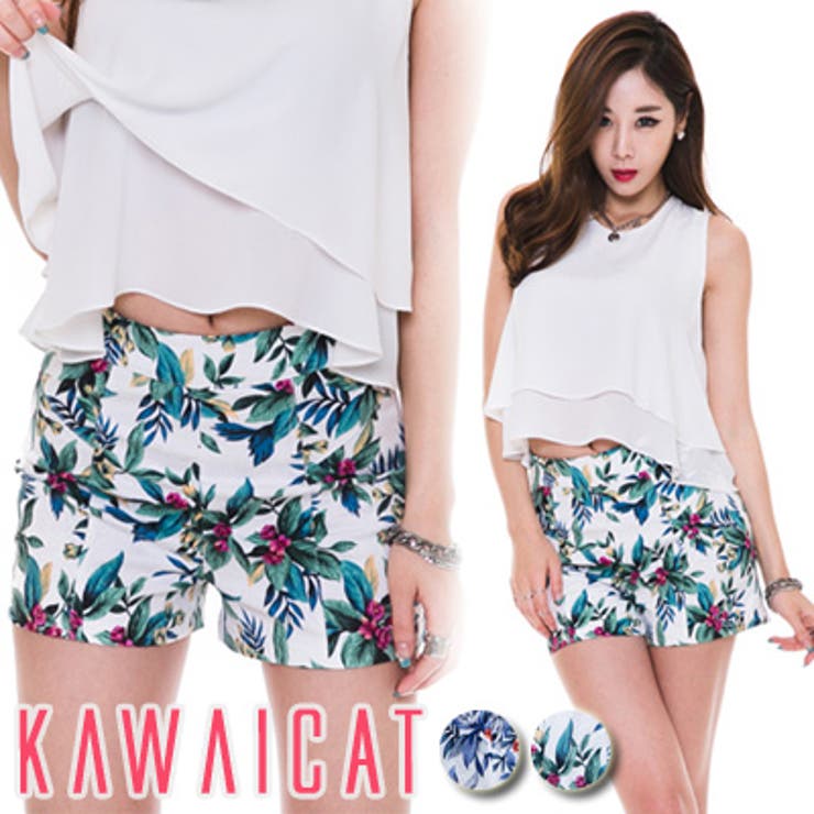 【10％OFFクーポン！4/27(月)9:59まで】KawaiCat 【pt11757】大きめの柄が夏らしいスタイルを演出☆リゾート柄ハイウエストショートパンツ パンツ・ズボンKawaiCat 【pt11757】大きめの柄が夏らしいスタイルを演出☆リゾー