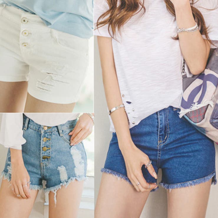 Nylon, Rayon, Polyester - 【10％OFFクーポン！5/16(土)1:59まで】KawaiCat 【pt16971】ダメージ＆裾ほつれ感が夏にピッタリ♪3タイプデニムショートパンツ パンツ・ズボン