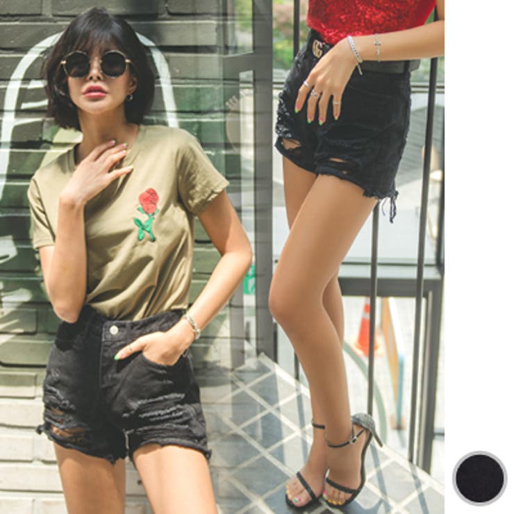 Nylon, Rayon, Polyester - 【10％OFFクーポン！5/16(土)1:59まで】KawaiCat 【pt18684】ショートパンツ レディース デニム ボトムス ダメージ クラッシュ カットオフ 切りっぱなし ヴィンテージ穴開き美脚 セクーハイウエスト ブラック パンツ・ズボン