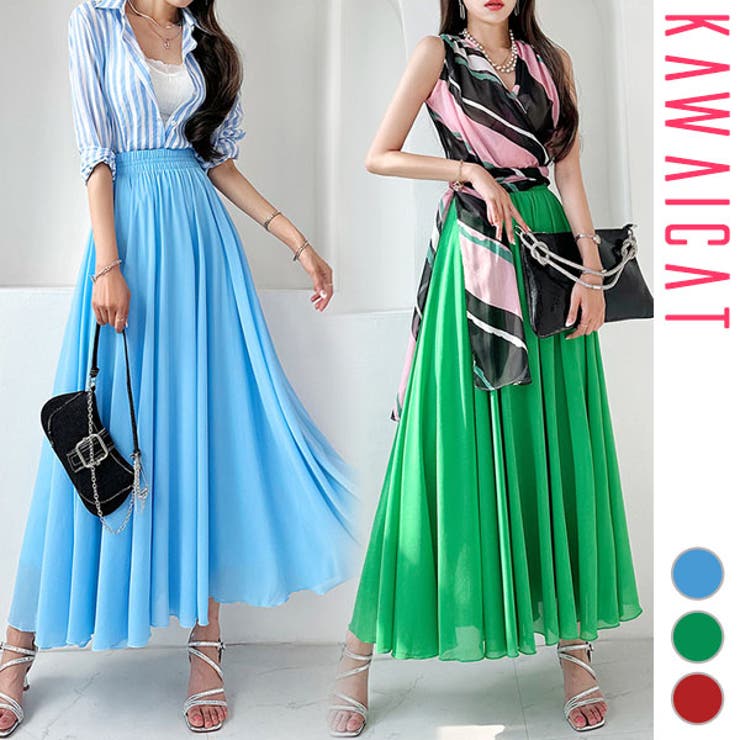 【10％OFFクーポン！11/27(木)1:59まで】KawaiCat スカート レディース ボトムス ロング丈 ミモレ丈 マキシ丈 ハイウエスト フレア Aライン マーメイド シフォン ウエストゴム 美脚 おしゃれ カジュアル 上品 きれいめ 春 夏