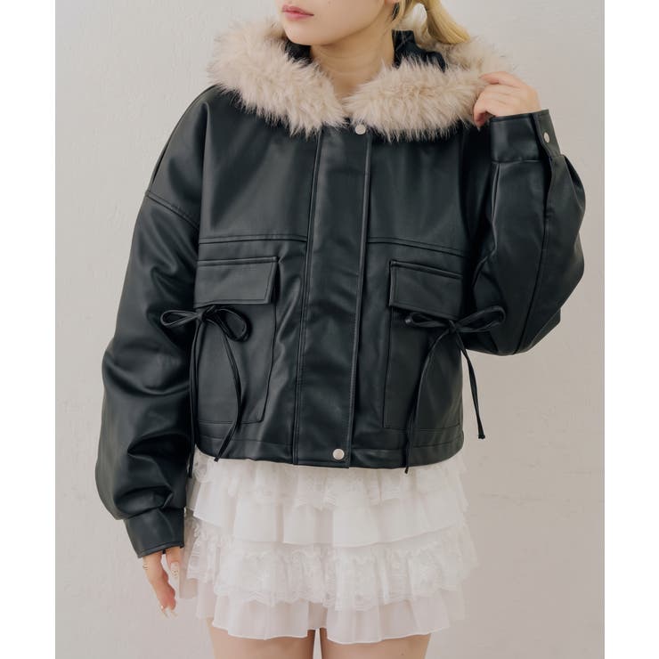 NICE CLAUP / OLIVE des OLIVE　OUTLET フードファーリボン付ブルゾン アウター(コート・ジャケットなど)