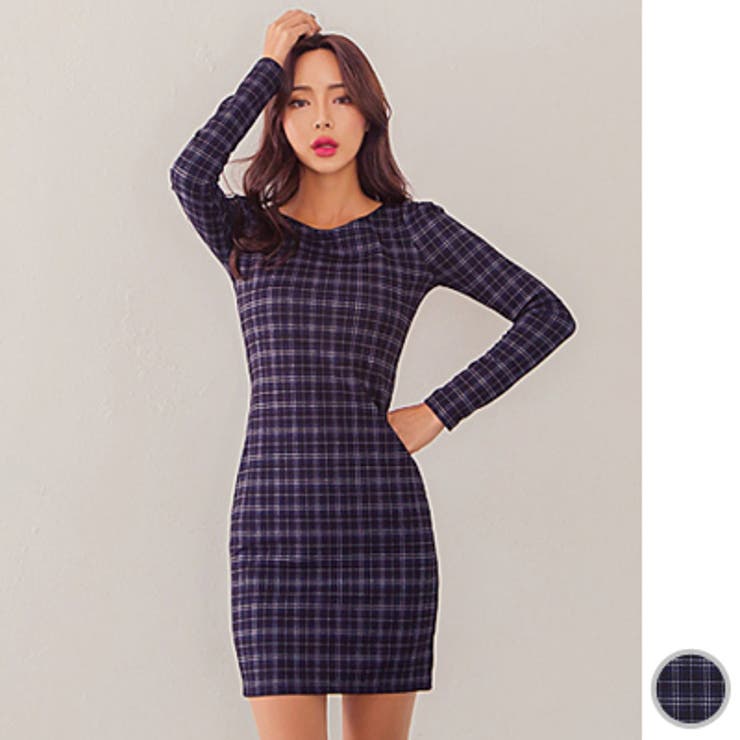 【10％OFFクーポン！1/16(金)1:59まで】KawaiCat 【オリジナル商品】【op19517】ワンピース レディース 長袖 タイト ミニ ミニ丈 チェック柄 セクシー スリム 秋冬パワーショルダー ネイビー 紺 ワンピース・ドレス
