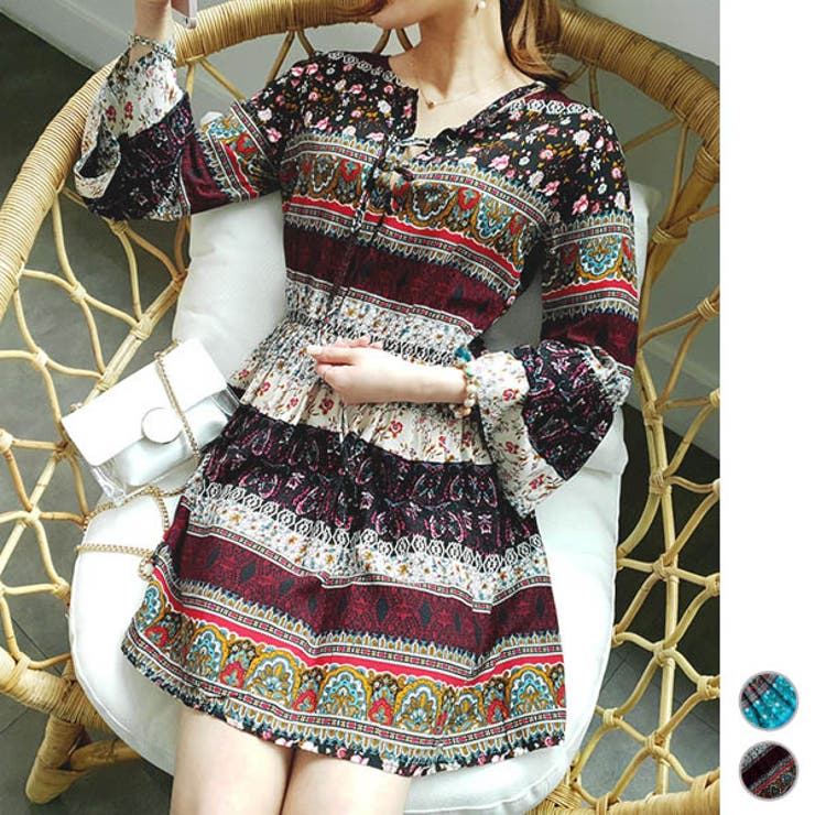 【10％OFFクーポン！1/16(金)1:59まで】KawaiCat 【op20323】ワンピース レディース エスニック アジアン エキゾチック 長袖 ミニ フレアスリーブ レースアップリゾートバカンス ブラック ブルー ワンピース・ドレス