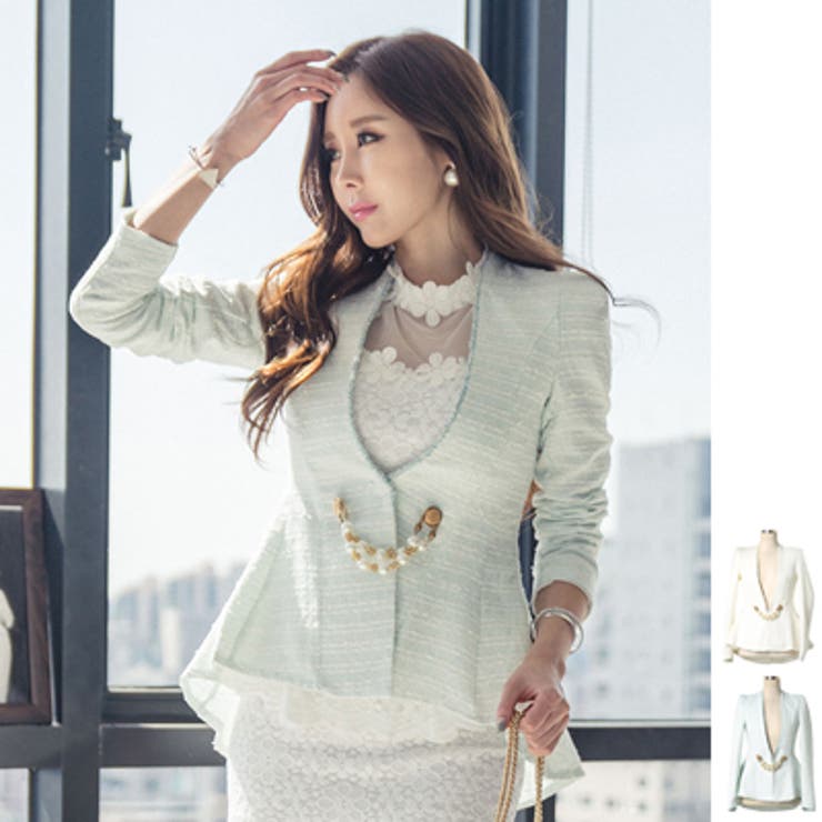 KawaiCat 【jk16596】パステルカラーが可愛いらしい♪フロントパールチェーンツイード調ノーカラージャケット アウター(コート・ジャケットなど)