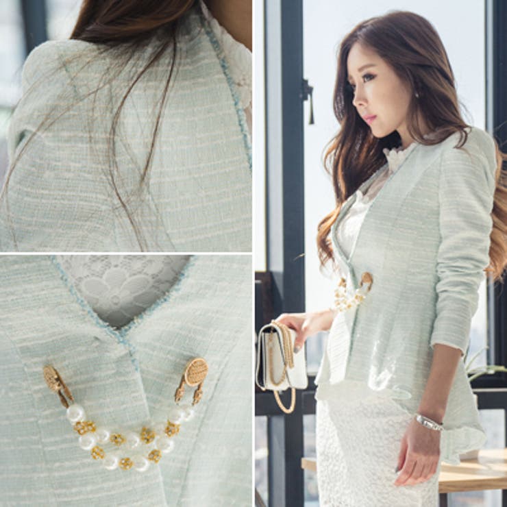 KawaiCat 【jk16596】パステルカラーが可愛いらしい♪フロントパールチェーンツイード調ノーカラージャケット アウター(コート・ジャケットなど)