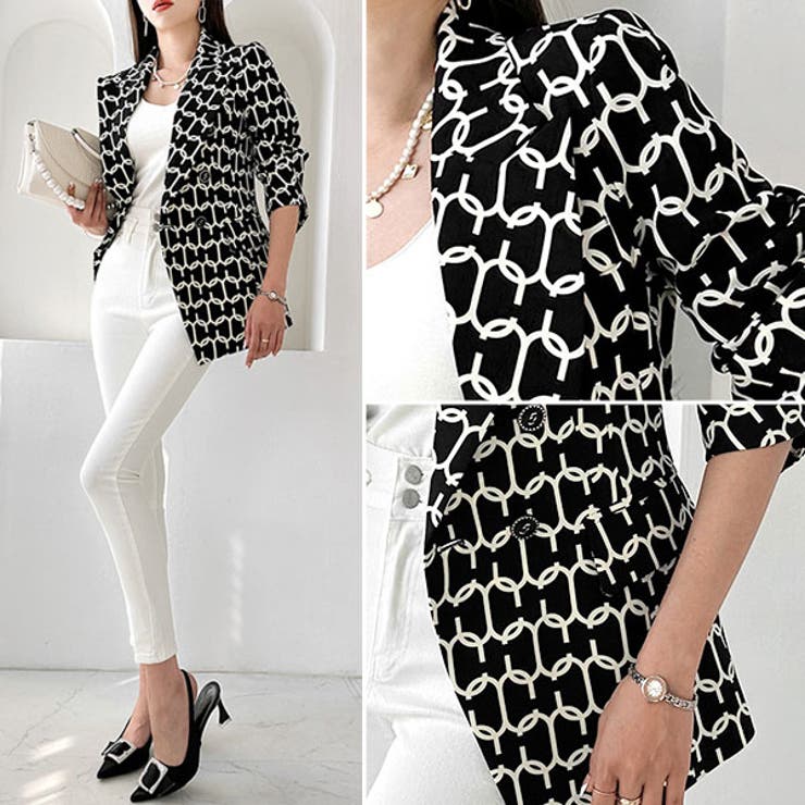 KawaiCat ジャケット レディース 長袖 テーラードジャケット アウター チェーン柄 ダブルボタン 上品 オフィス 通勤 ビジネス お仕事 春 秋 20代 30代 40代 50代 韓国 to27210 アウター(コート・ジャケットなど)