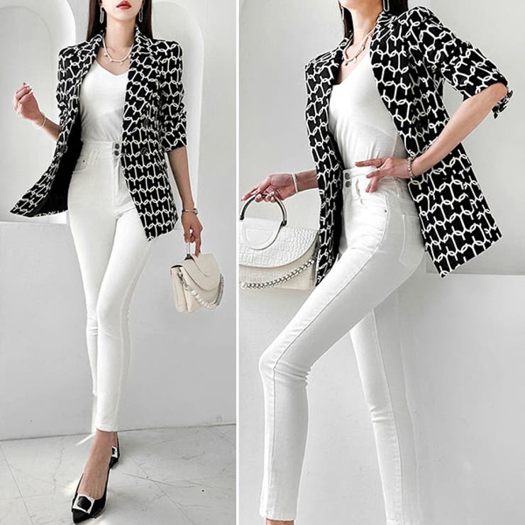 KawaiCat ジャケット レディース 長袖 テーラードジャケット アウター チェーン柄 ダブルボタン 上品 オフィス 通勤 ビジネス お仕事 春 秋 20代 30代 40代 50代 韓国 to27210 アウター(コート・ジャケットなど)