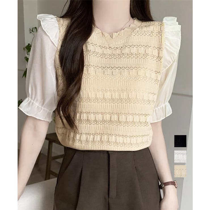 【10％OFFクーポン！11/27(木)1:59まで】Miniministore サマーニット 異素材切替 シャツブラウス トップス