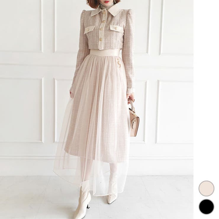 KawaiCat セットアップ レディース ツイード ショート丈 クロップ ジャケット スカート ロング丈 マキシ丈 ミモレ丈 フレア Aライン メッシュ レイヤード 重ね着 ツーピース タイト ハイウエスト 襟付き 上下セット 上品 おしゃれ きれいめ