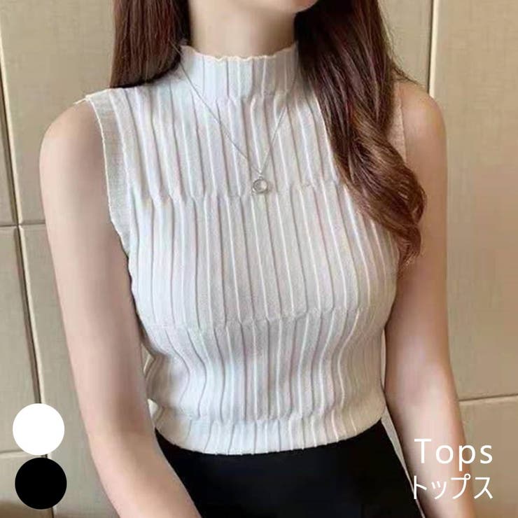 VICTORIA ノースリーブ ハイネックニット リブ タンクトップ スリーブレス ニット タイト トップス ニ..